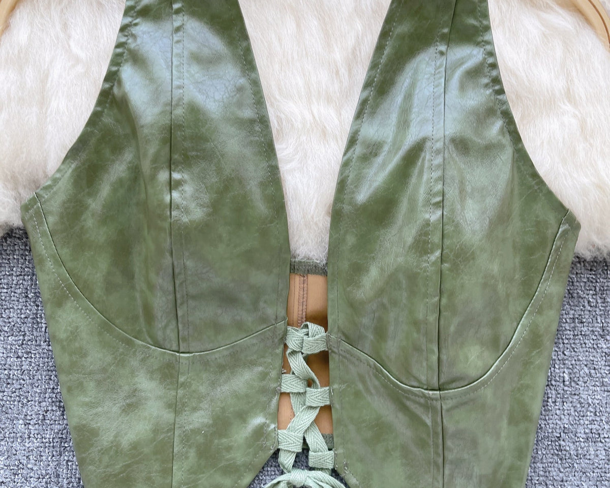 PU Deri Bağcıklı Sırt Açık Yelek