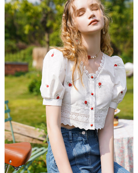 Dantel Kısa V Yaka Beyaz Gömlek