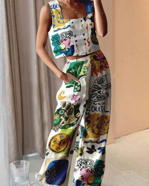 Baskılı Atlet ve Arka Kısımda Lastikli Pantolon ile Eşsiz Set