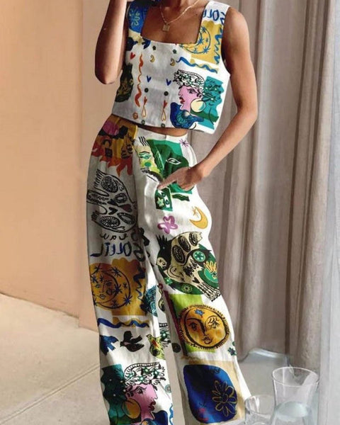 Baskılı Atlet ve Arka Kısımda Lastikli Pantolon ile Eşsiz Set