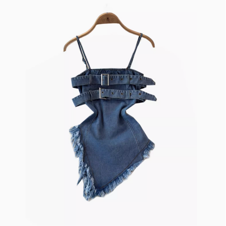 Düzensiz Tasarım Kabarık Denim Sıfır Yaka Bluz