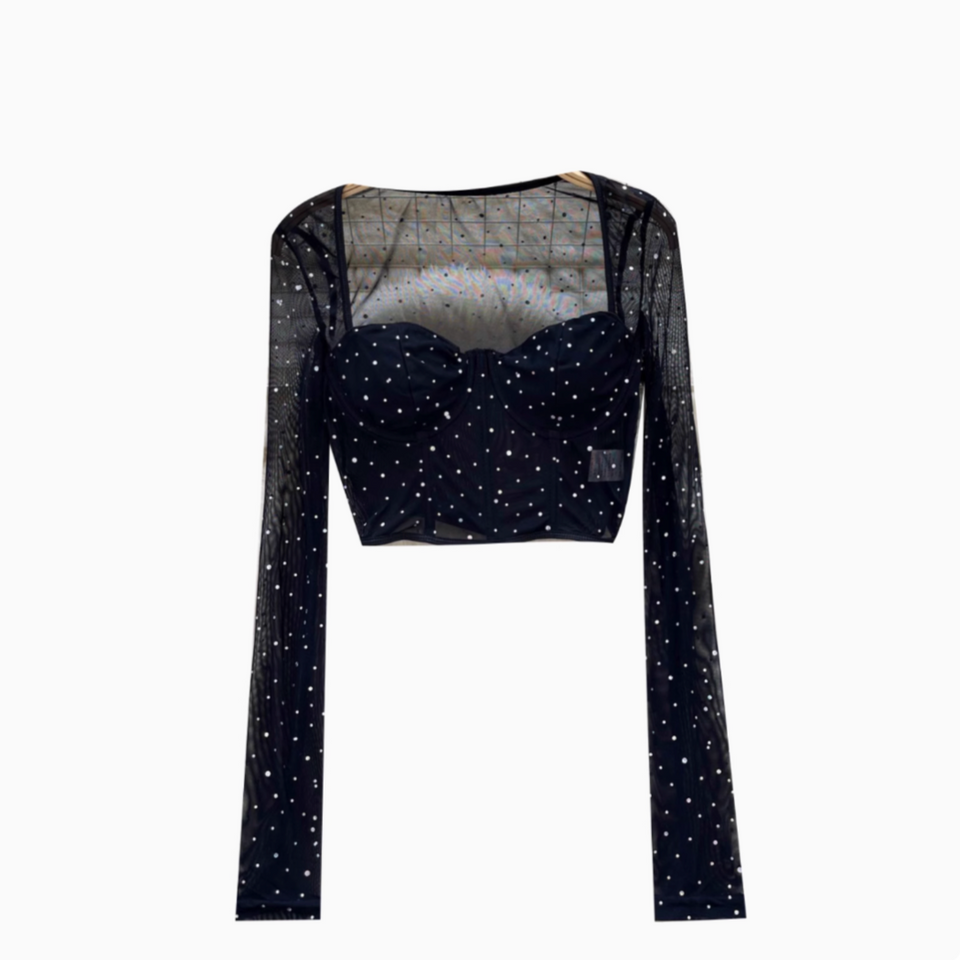 Kristal Taşlı Siyah File Üst