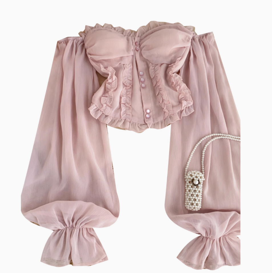 Askısız Volanlı Pembe Şifon Bluz