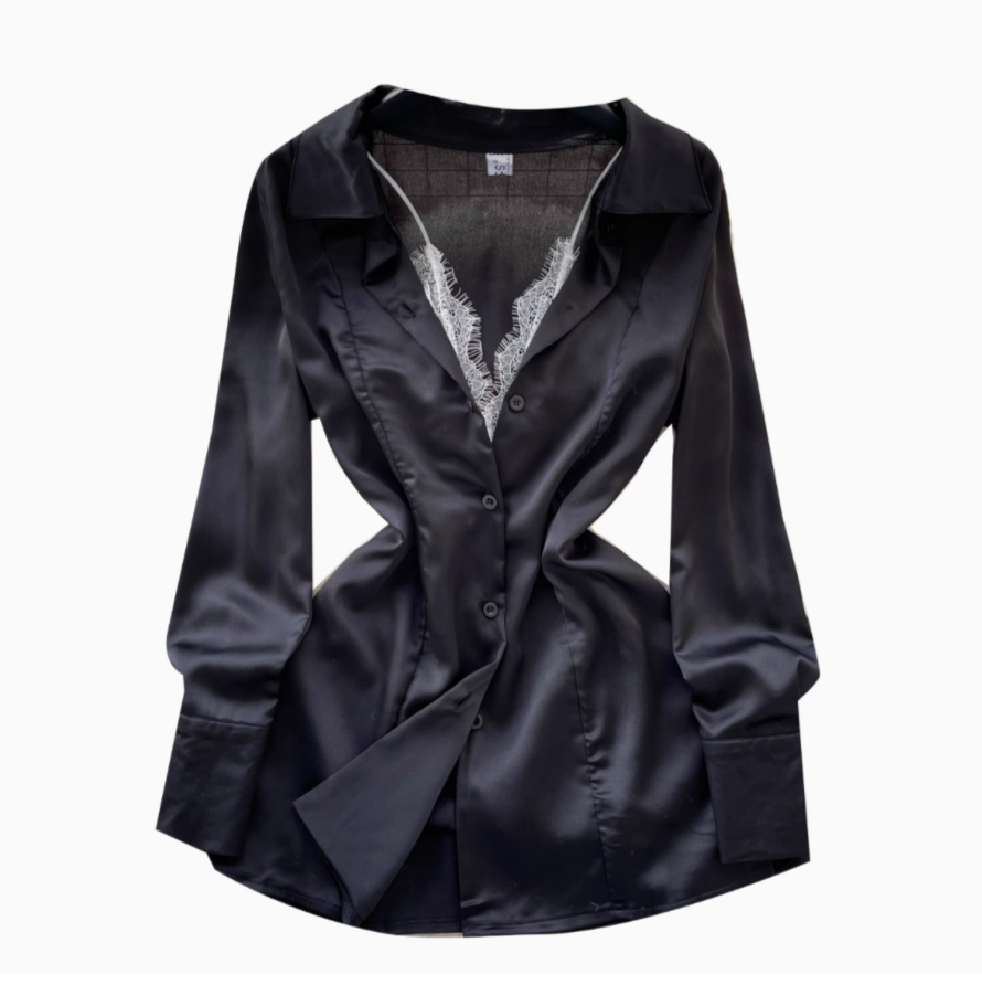 Dantel V-yaka Siyah Saten Gömlek