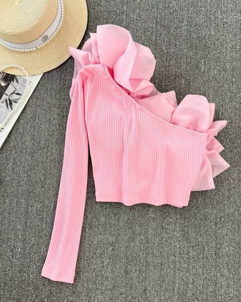 Pembe 3D Çiçekli Tek Omuz Tişört