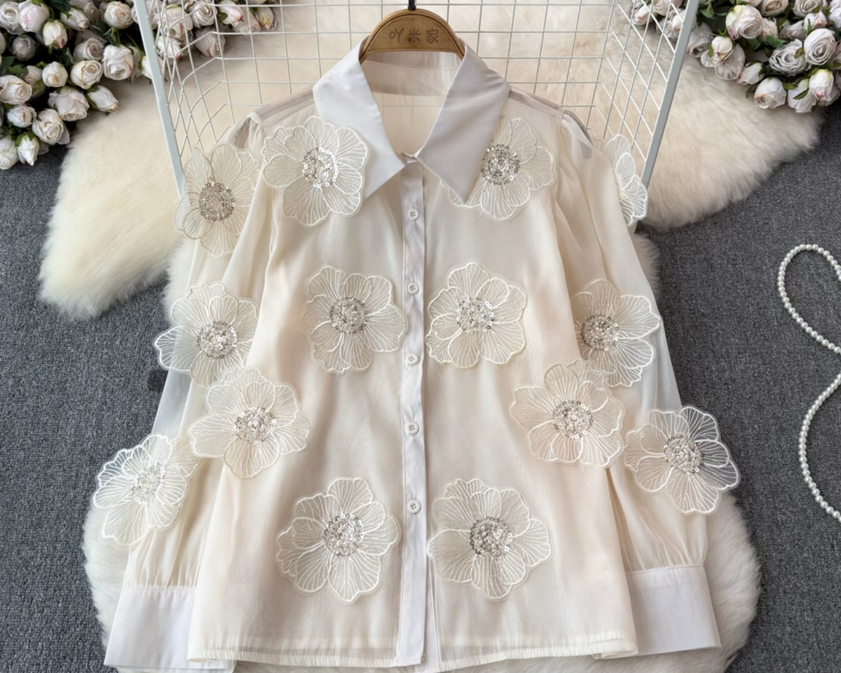 Niş Boncuklu Çiçek Nakışlı Gömlek