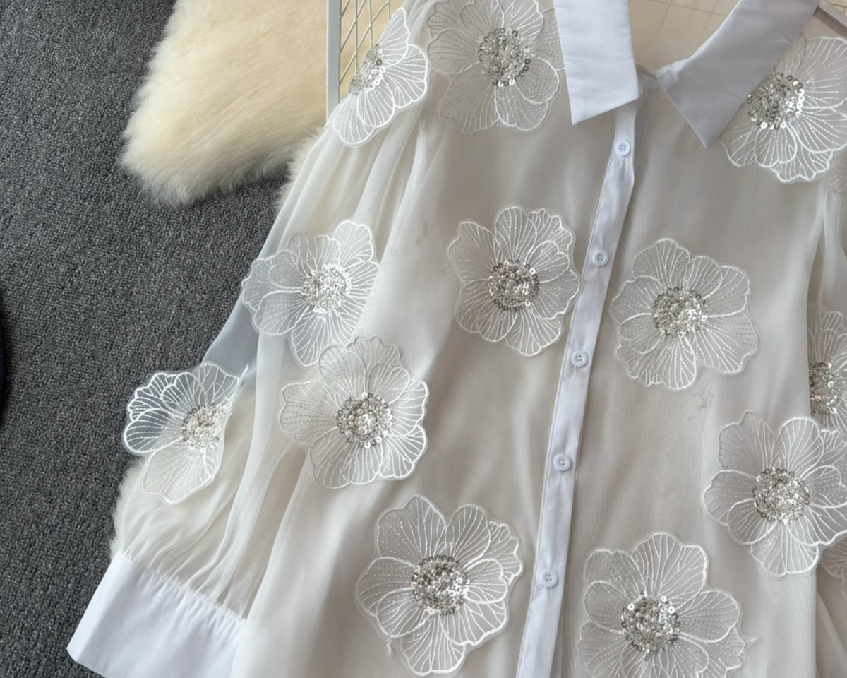 Niş Boncuklu Çiçek Nakışlı Gömlek