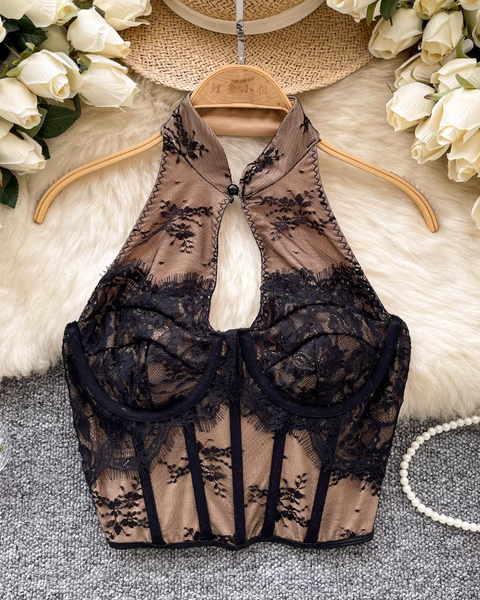 Çin Tarzı Siyah Dantel Halter Üst