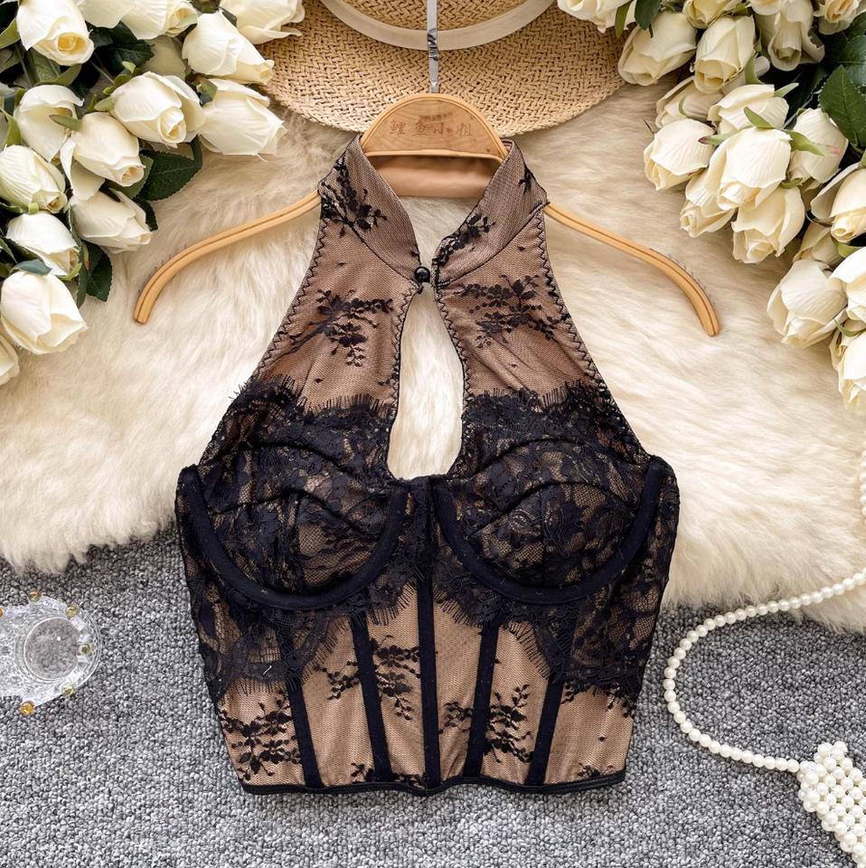 Çin Tarzı Siyah Dantel Halter Üst