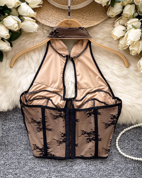 Çin Tarzı Siyah Dantel Halter Üst