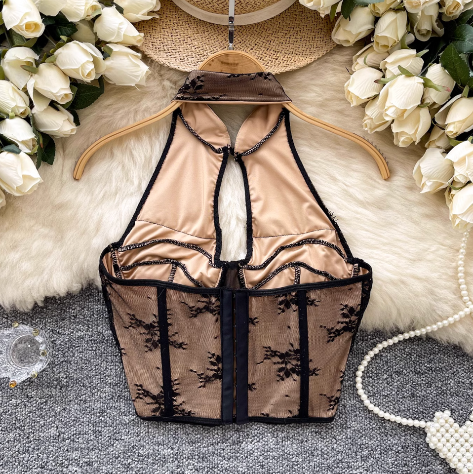 Çin Tarzı Siyah Dantel Halter Üst