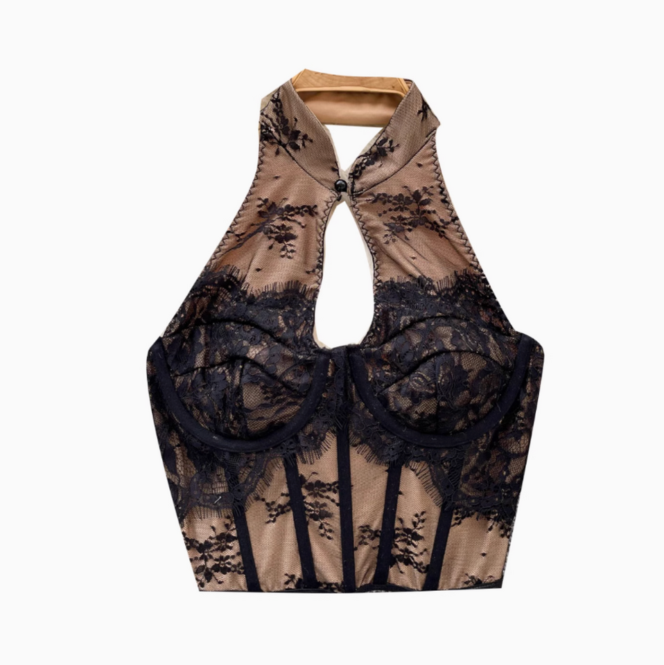 Çin Tarzı Siyah Dantel Halter Üst