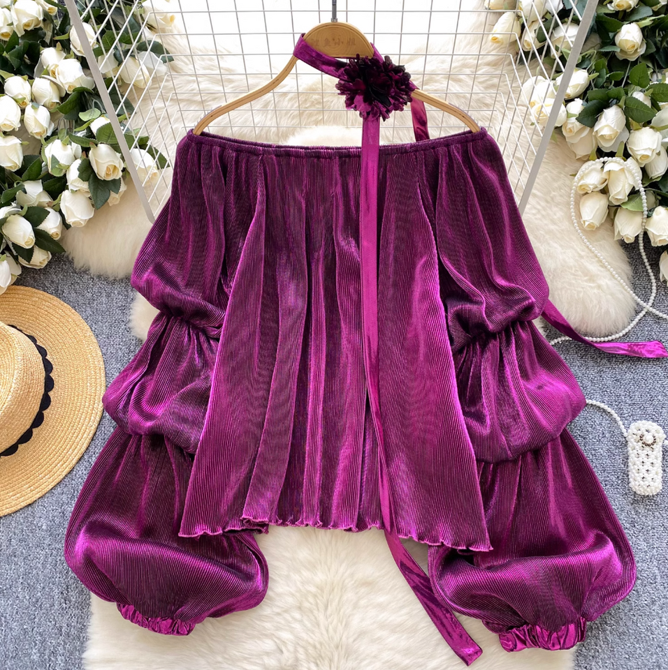 Choker ile Metal Renk Off-shoulder Gömlek