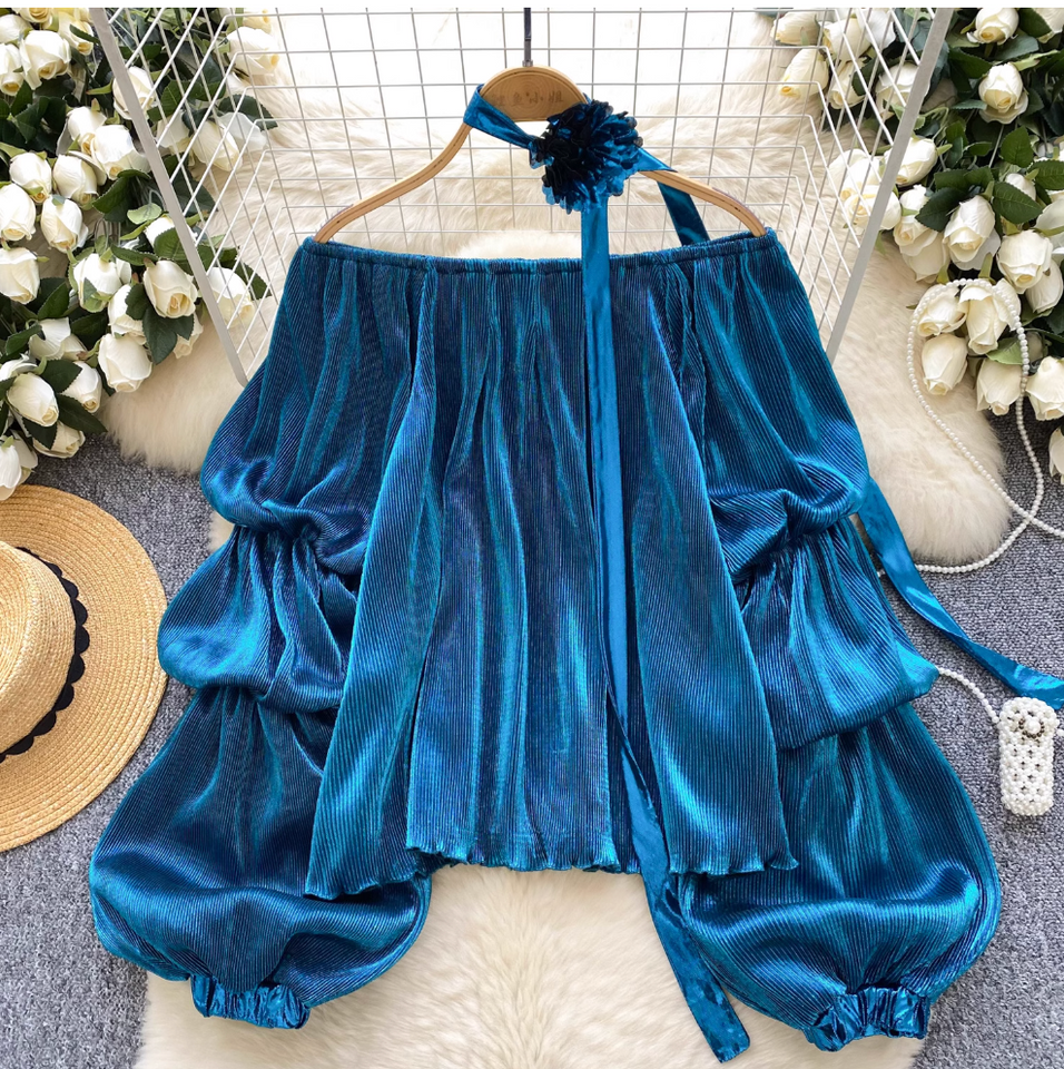 Choker ile Metal Renk Off-shoulder Gömlek