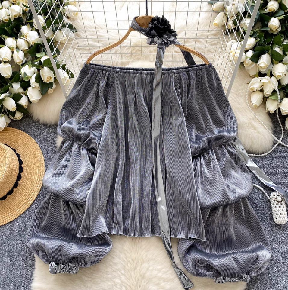 Choker ile Metal Renk Off-shoulder Gömlek