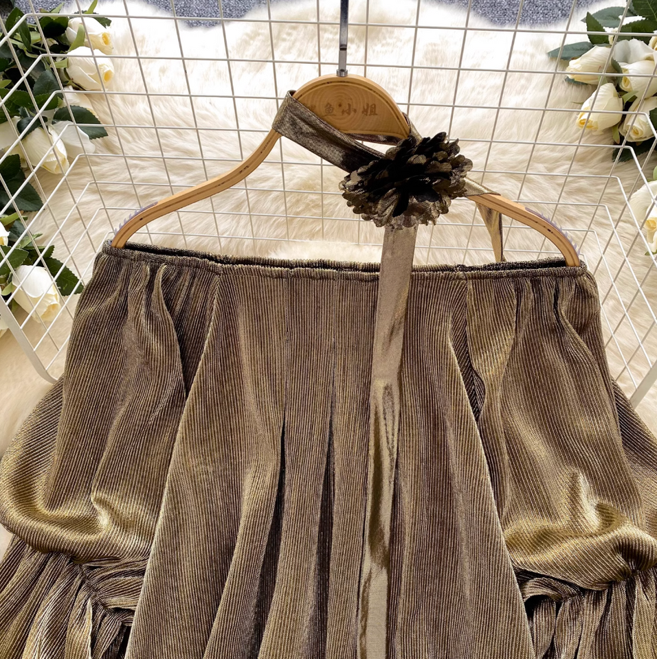 Choker ile Metal Renk Off-shoulder Gömlek