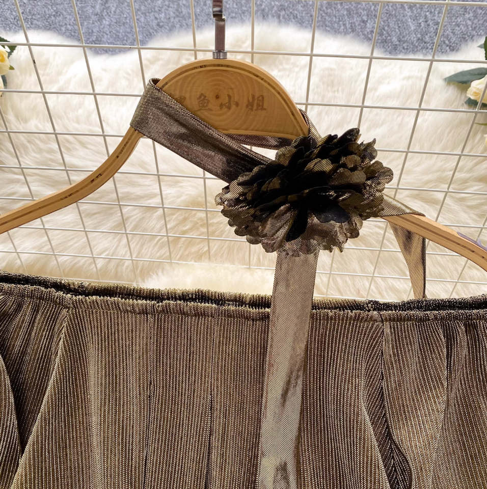 Choker ile Metal Renk Off-shoulder Gömlek