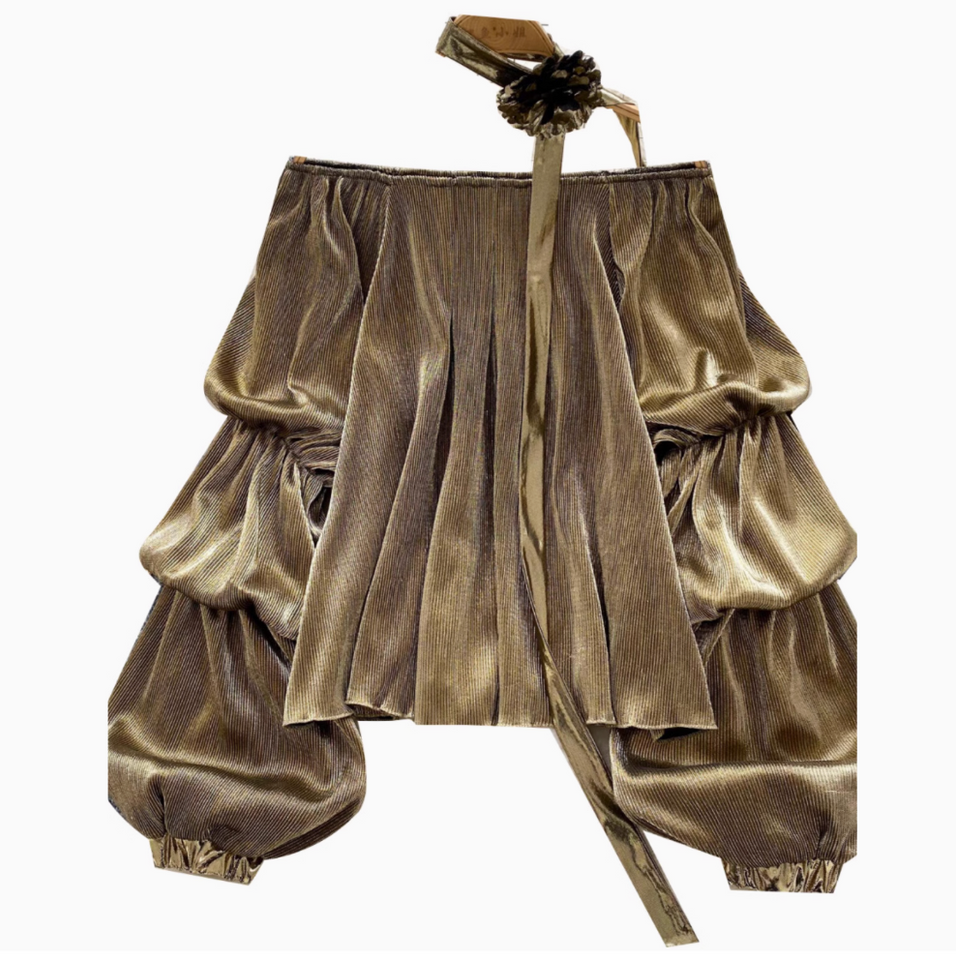 Choker ile Metal Renk Off-shoulder Gömlek