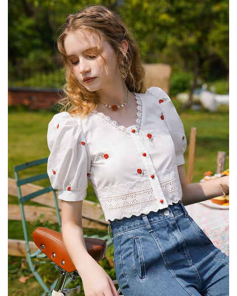 Dantel Kısa V Yaka Beyaz Gömlek