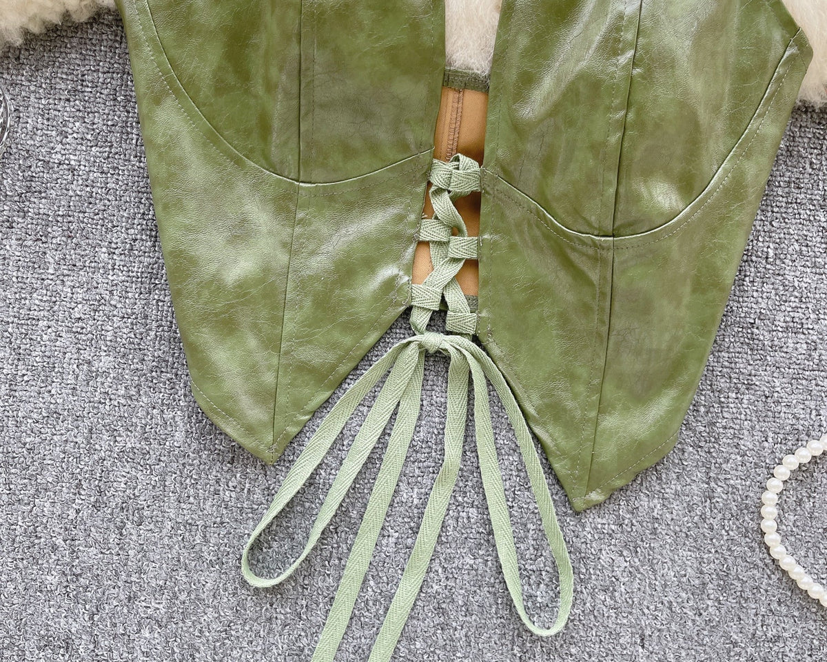 PU Deri Bağcıklı Sırt Açık Yelek