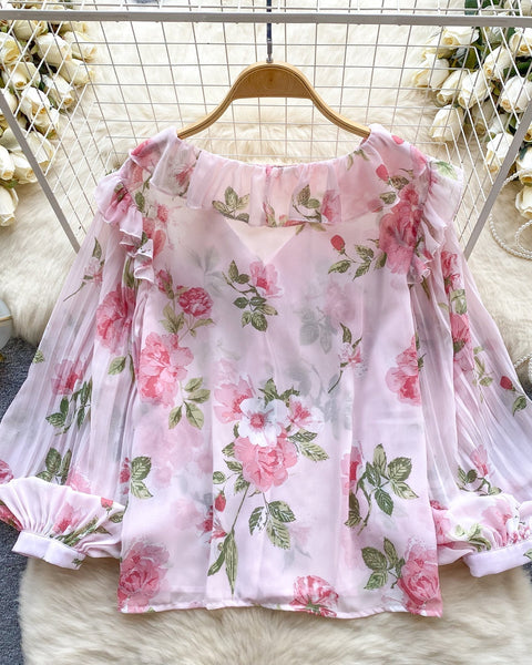 Tatlı Ruffled Şifon Çiçekli Bluz