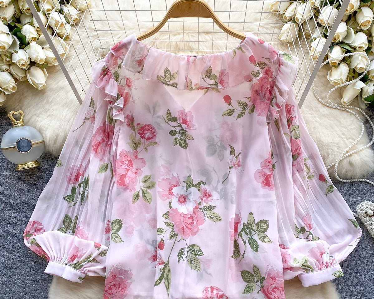 Tatlı Ruffled Şifon Çiçekli Bluz