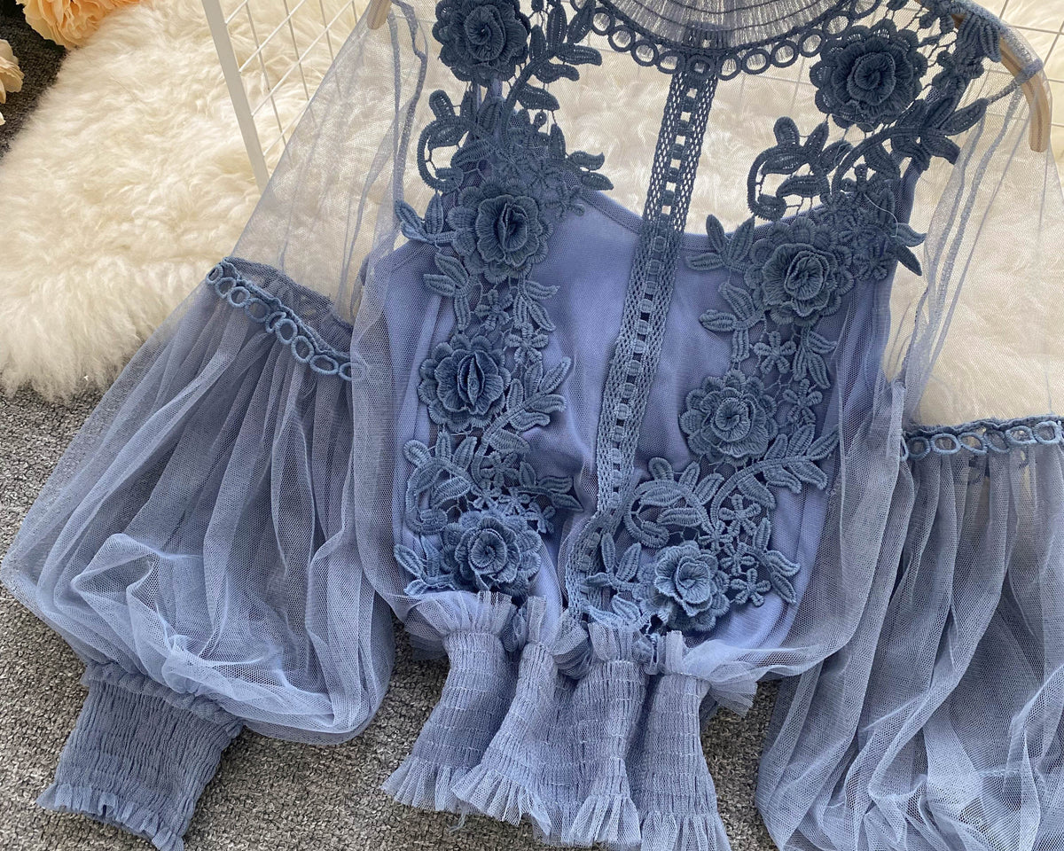 File Fener Kol Dantel İşlemeli Gömlek