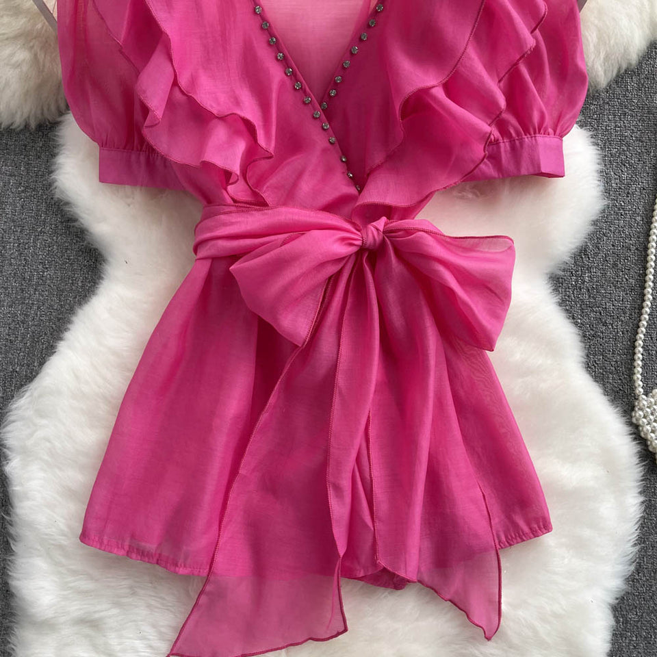 Boncuklu Papyon Detaylı  Mesh Şifon Üst