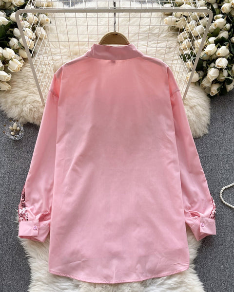 Şık Payetli Patchwork Uzun Kollu Gömlek