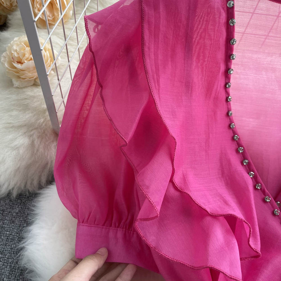 Boncuklu Papyon Detaylı  Mesh Şifon Üst