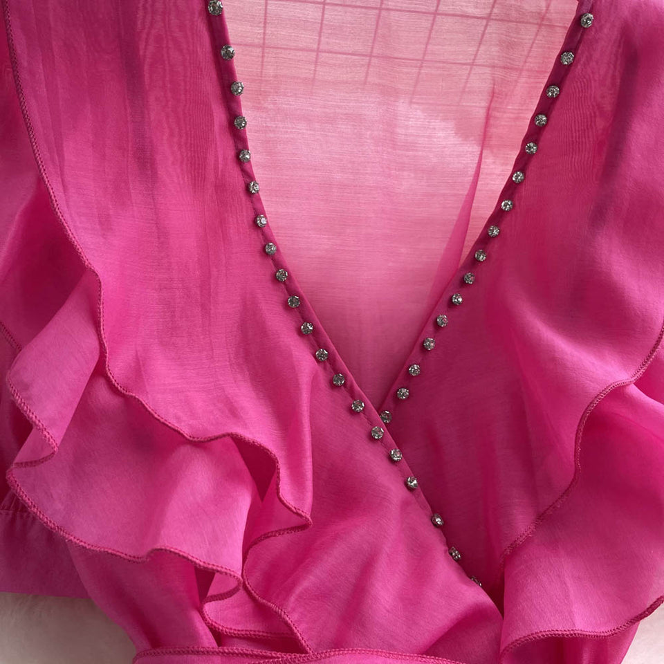 Boncuklu Papyon Detaylı  Mesh Şifon Üst