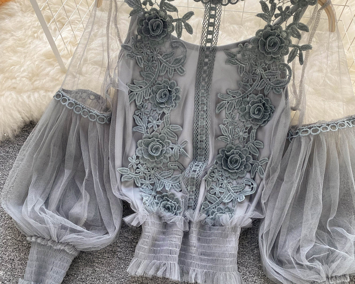 File Fener Kol Dantel İşlemeli Gömlek