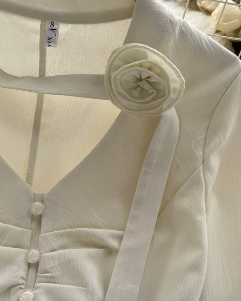 3D Çiçek Desenli Bağcıklı Plise Gömlek