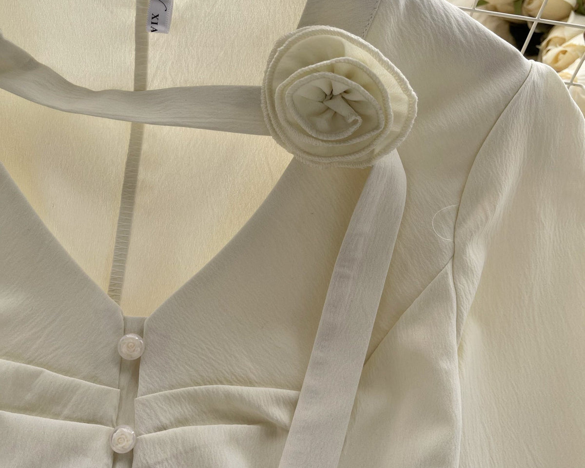 3D Çiçek Desenli Bağcıklı Plise Gömlek