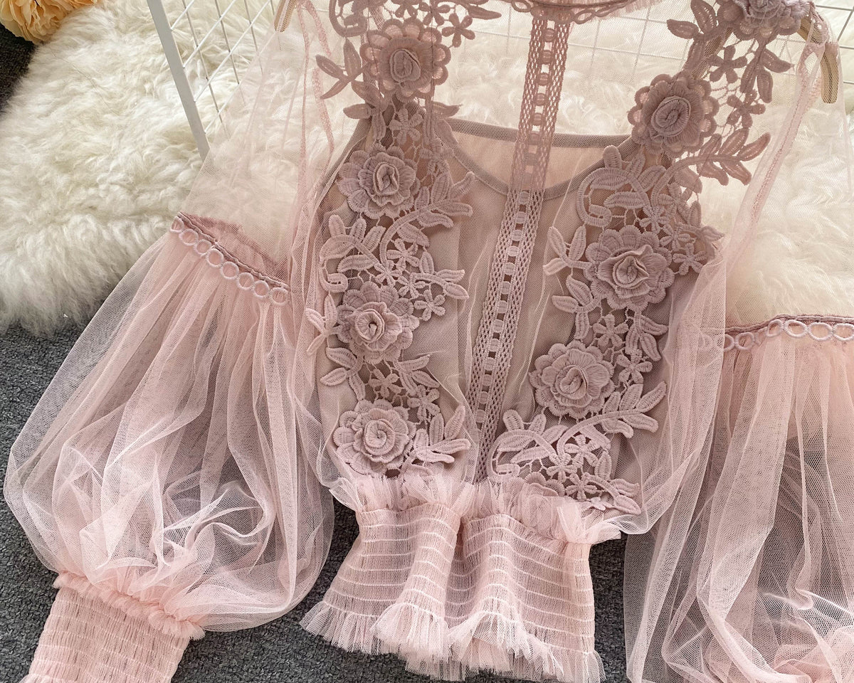 File Fener Kol Dantel İşlemeli Gömlek