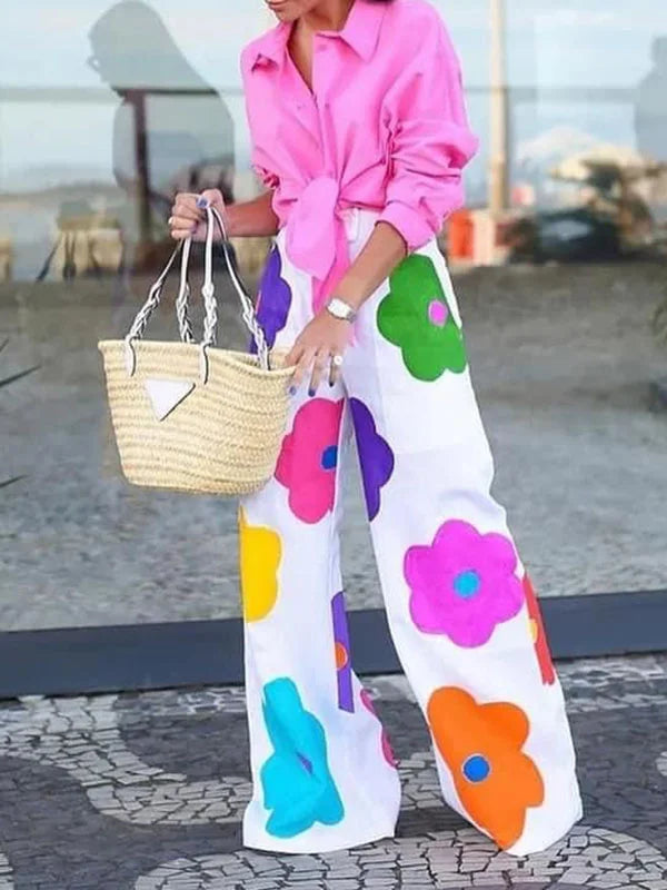 Bastiana | Çok Renkli Günlük Kadın Pantolon | Beyaz