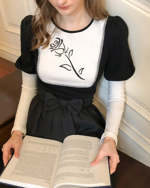 Kabartmalı Kol Gül Nakışlı Bluz