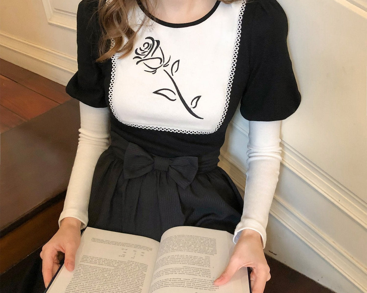 Kabartmalı Kol Gül Nakışlı Bluz