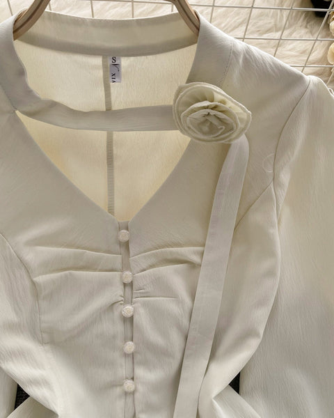 3D Çiçek Desenli Bağcıklı Plise Gömlek