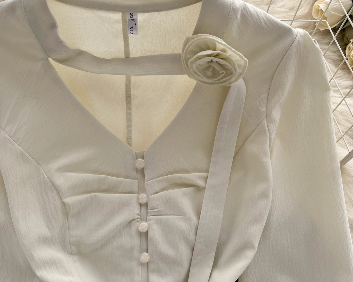 3D Çiçek Desenli Bağcıklı Plise Gömlek