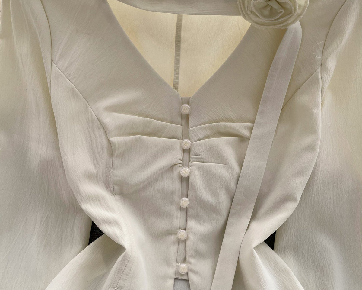 3D Çiçek Desenli Bağcıklı Plise Gömlek