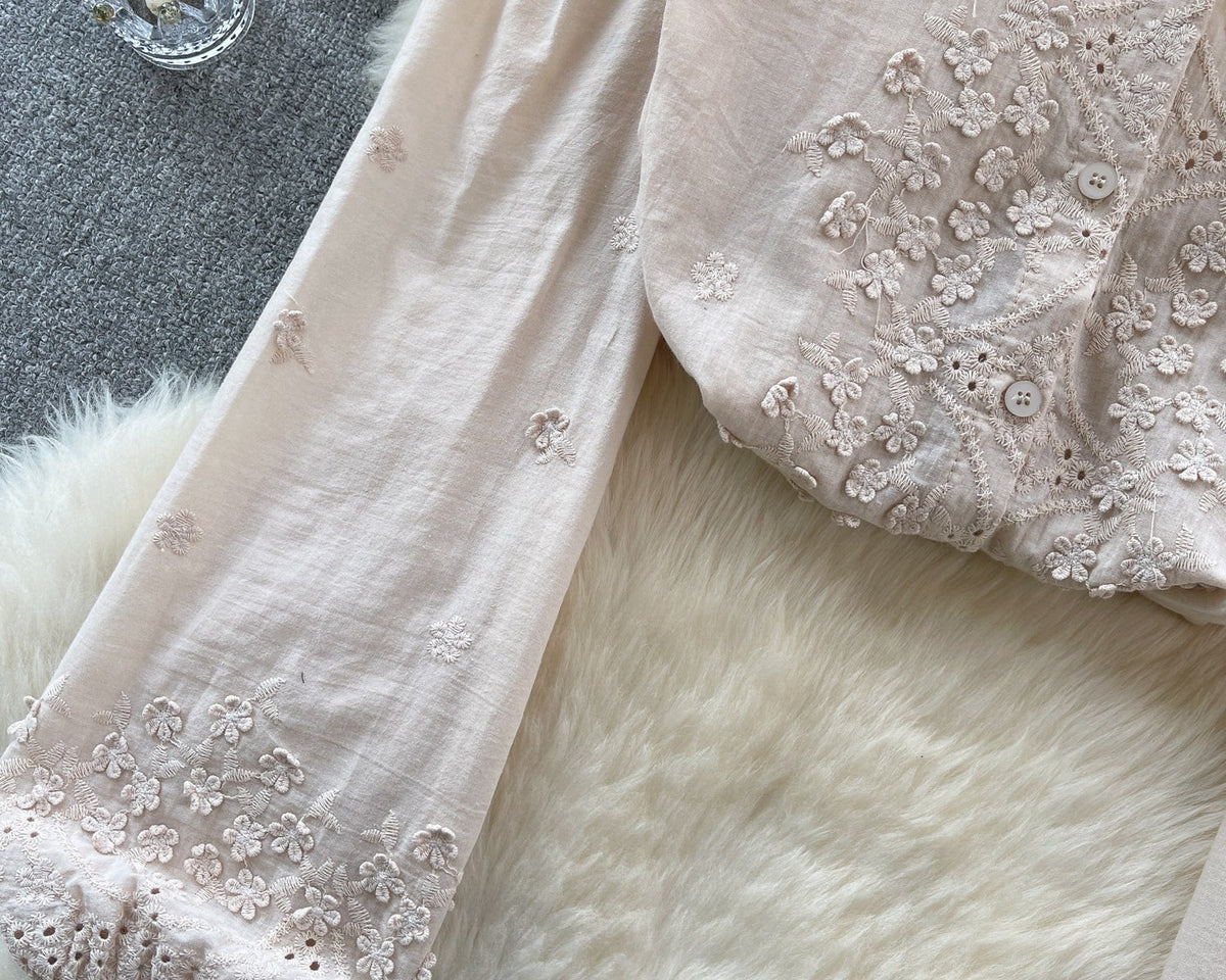 Fırfırlı Kol Düz Renk Nakışlı Gömlek