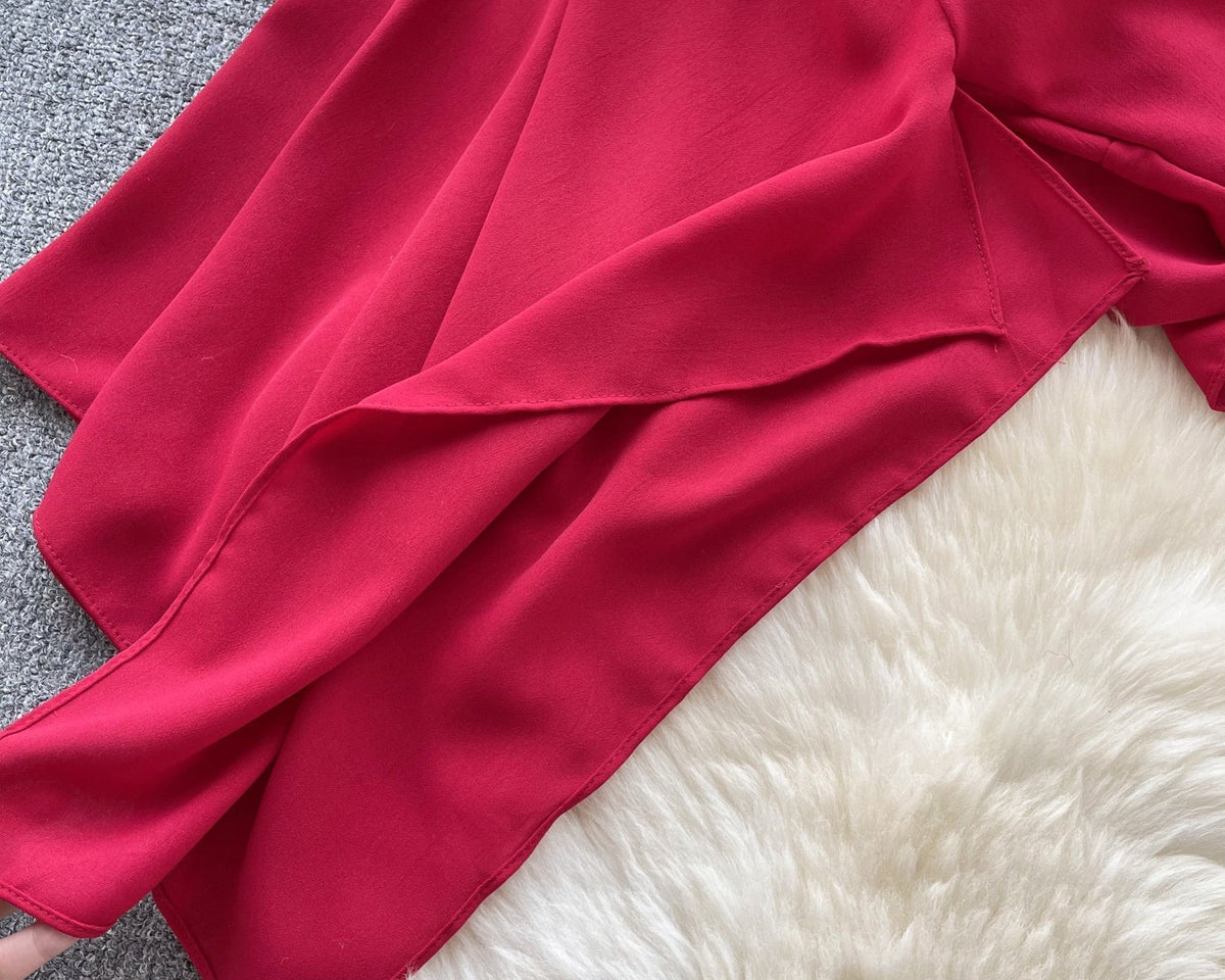 V-Yaka Kıvrımlı Düz Renk Şifon Bluz