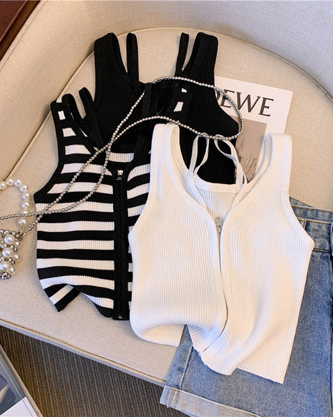 Siyah&Beyaz Çizgili Fermuarlı Atlet