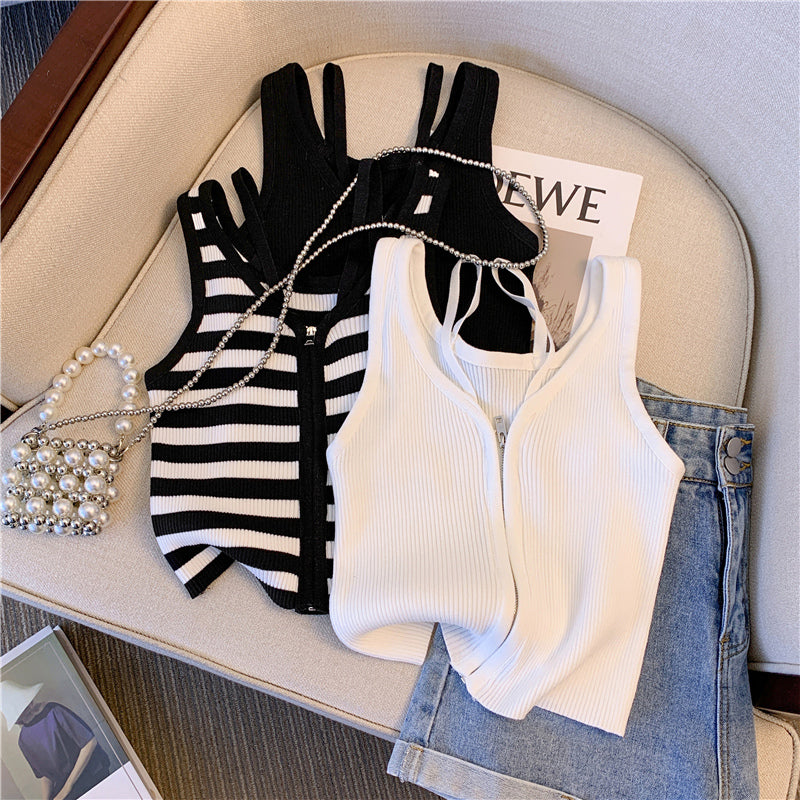 Siyah&Beyaz Çizgili Fermuarlı Atlet