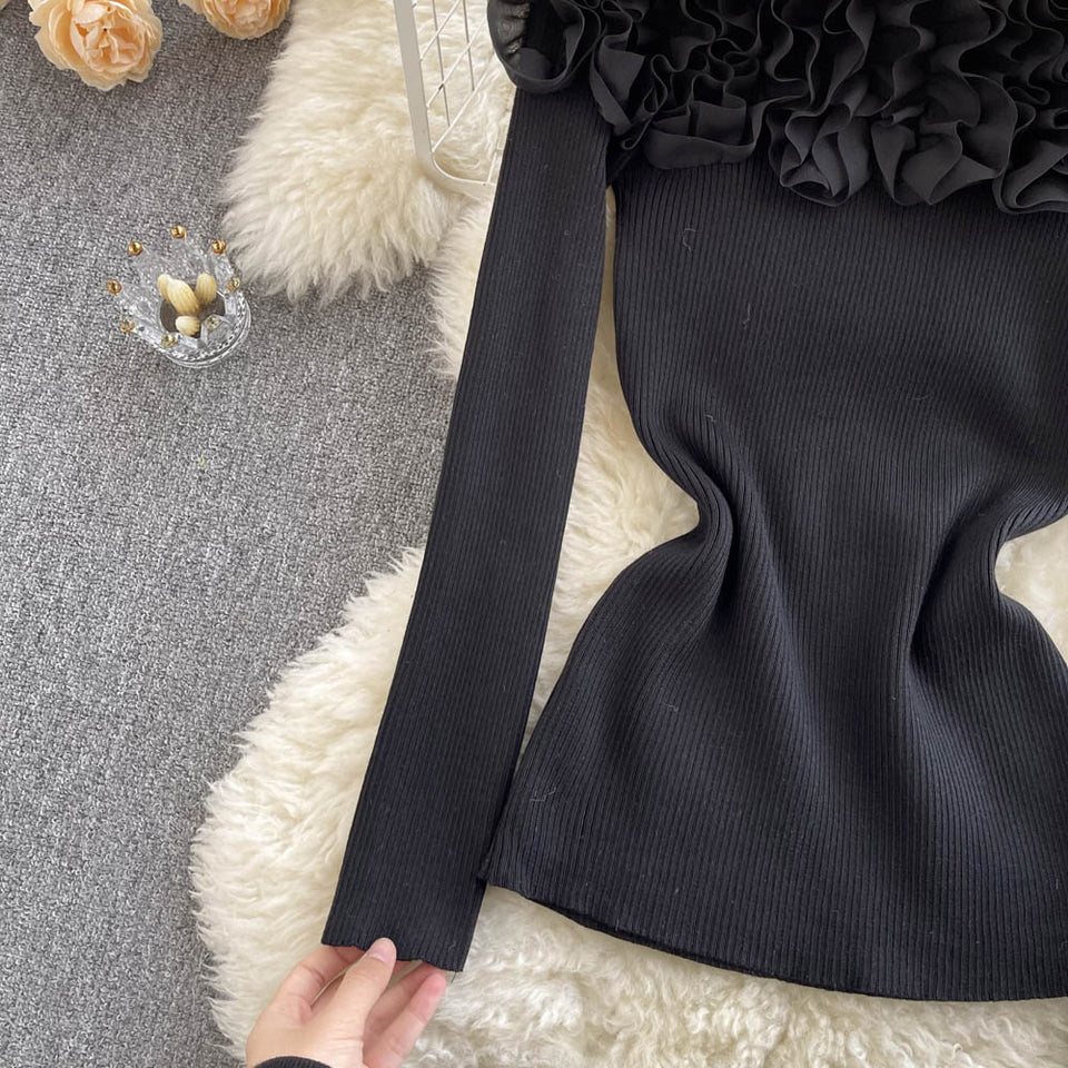 Askılı 3D Çiçek Desenli Triko Üst