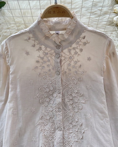 Fırfırlı Kol Düz Renk Nakışlı Gömlek