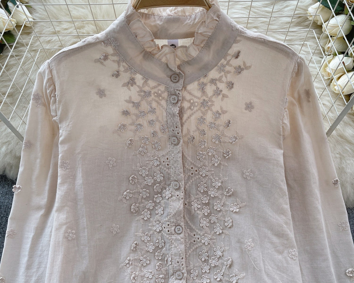 Fırfırlı Kol Düz Renk Nakışlı Gömlek