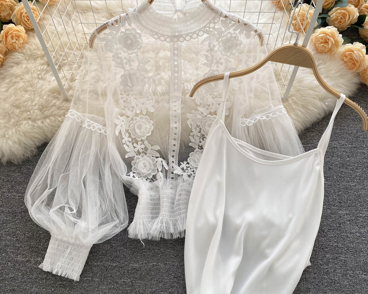 File Fener Kol Dantel İşlemeli Gömlek