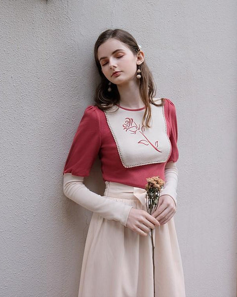 Kabartmalı Kol Gül Nakışlı Bluz